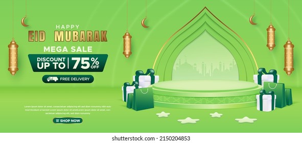 Realistic Eid Mubarak sale promo horizontal banner template with product display, gift box, shopping bag elements