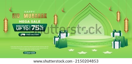 Realistic Eid Mubarak sale promo horizontal banner template with product display, gift box, shopping bag elements