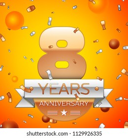 Realistic Eight Years Anniversary Celebration design banner. Gold numbers and silver ribbon, balloons, confetti on orange background. Colorful Vector template elements for your birthday party