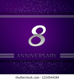 Realistic Eight Years Anniversary Celebration design banner. Silver number and confetti on purple background. Colorful Vector template elements for your birthday party