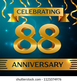 Realistic Eighty eight Years Anniversary Celebration Design. Golden confetti and gold ribbon on blue background. Colorful Vector template elements for your birthday party Realistic Eighty eight Years Anniversary Celebration Design. Golden confetti and gold ribbon on blue background. Colorful Vector template elements for your birthday party