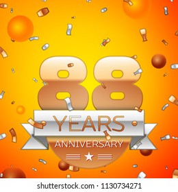 Realistic Eighty eight Years Anniversary Celebration design banner. Gold numbers and silver ribbon, balloons, confetti on orange background. Colorful Vector template elements for your birthday party