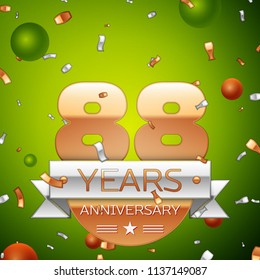 Realistic Eighty eight Years Anniversary Celebration design banner. Gold numbers and silver ribbon, balloons, confetti on green background. Colorful Vector template elements for your birthday party