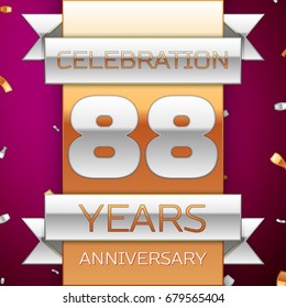 Realistic Eighty eight Years Anniversary Celebration Design. Silver and golden ribbon, confetti on purple background. Colorful Vector template elements for your birthday party. Anniversary ribbon