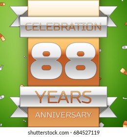 Realistic Eighty eight Years Anniversary Celebration Design. Silver and golden ribbon, confetti on green background. Colorful Vector template elements for your birthday party. Anniversary ribbon