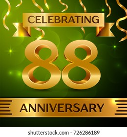 Realistic Eighty eight Years Anniversary Celebration Design. Confetti and gold ribbon on green background. Colorful Vector template elements for your birthday party. Anniversary ribbon