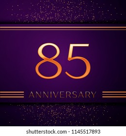 Realistic Eighty five Years Anniversary Celebration design banner. Golden number and confetti on purple background. Colorful Vector template elements for your birthday party