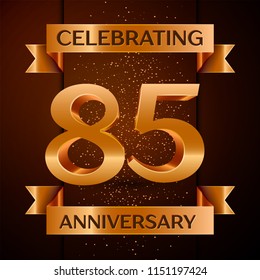 Realistic Eighty five Years Anniversary Celebration design banner. Golden number, confetti and ribbon on brown background. Colorful Vector template elements for your birthday party