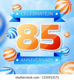 Realistic Eighty five Years Anniversary Celebration design banner. Gold numbers and blue ribbons, balloons on blue background. Colorful Vector template elements for your birthday party