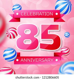 Realistic Eighty five Years Anniversary Celebration design banner. Gold numbers and blue ribbons, balloons on blue background. Colorful Vector template elements for your birthday party