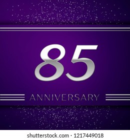 Realistic Eighty five Years Anniversary Celebration design banner. Silver number and confetti on purple background. Colorful Vector template elements for your birthday party