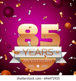 Realistic Eighty five Years Anniversary Celebration Design. Golden numbers and silver ribbon, confetti on purple background. Colorful Vector template elements for your birthday party