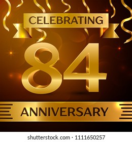 Realistic Eighty four Years Anniversary Celebration Design. Golden confetti and gold ribbon on brown background. Colorful Vector template elements for your birthday party
