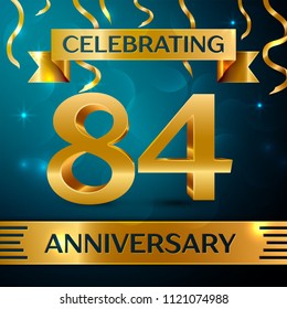 Realistic Eighty four Years Anniversary Celebration Design. Golden confetti and gold ribbon on blue background. Colorful Vector template elements for your birthday party