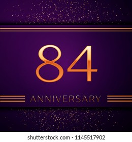 Realistic Eighty four Years Anniversary Celebration design banner. Golden number and confetti on purple background. Colorful Vector template elements for your birthday party