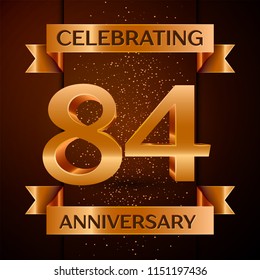 Realistic Eighty four Years Anniversary Celebration design banner. Golden number, confetti and ribbon on brown background. Colorful Vector template elements for your birthday party