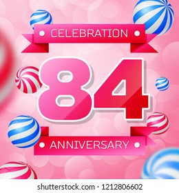 Realistic Eighty four Years Anniversary Celebration design banner. Gold numbers and blue ribbons, balloons on blue background. Colorful Vector template elements for your birthday party