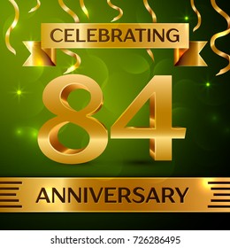 Realistic Eighty four Years Anniversary Celebration Design. Confetti and gold ribbon on green background. Colorful Vector template elements for your birthday party. Anniversary ribbon