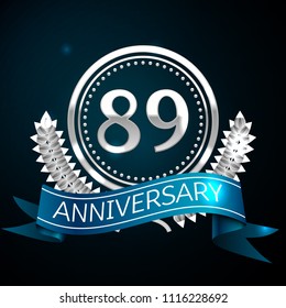 Realistic Eighty nine Years Anniversary Celebration Design with Silver Ring and Laurel Wreath, blue ribbon on blue background. Colorful Vector template elements for your birthday celebrating party