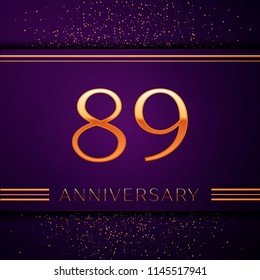 Realistic Eighty nine Years Anniversary Celebration design banner. Golden number and confetti on purple background. Colorful Vector template elements for your birthday party