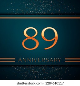 Realistic Eighty nine Years Anniversary Celebration design banner. Golden number and confetti on green background. Colorful Vector template elements for your birthday party