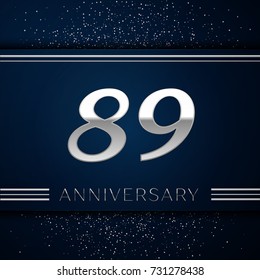 Realistic Eighty nine Years Anniversary Celebration Logotype. Silver numbers and silver confetti on blue background. Colorful Vector template elements for your birthday party