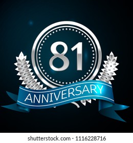 Realistic Eighty one Years Anniversary Celebration Design with Silver Ring and Laurel Wreath, blue ribbon on blue background. Colorful Vector template elements for your birthday celebrating party