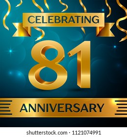 Realistic Eighty one Years Anniversary Celebration Design. Golden confetti and gold ribbon on blue background. Colorful Vector template elements for your birthday party