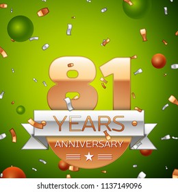 Realistic Eighty one Years Anniversary Celebration design banner. Gold numbers and silver ribbon, balloons, confetti on green background. Colorful Vector template elements for your birthday party