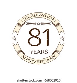 Realistic eighty one years anniversary celebration logo with ring and ribbon on white background. Vector template for your design
