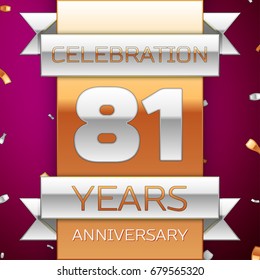 Realistic Eighty one Years Anniversary Celebration Design. Silver and golden ribbon, confetti on purple background. Colorful Vector template elements for your birthday party. Anniversary ribbon