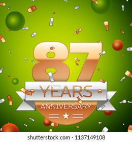 Realistic Eighty seven Years Anniversary Celebration design banner. Gold numbers and silver ribbon, balloons, confetti on green background. Colorful Vector template elements for your birthday party