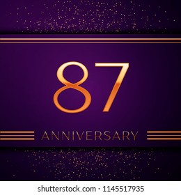 Realistic Eighty seven Years Anniversary Celebration design banner. Golden number and confetti on purple background. Colorful Vector template elements for your birthday party