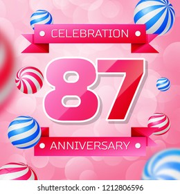 Realistic Eighty seven Years Anniversary Celebration design banner. Gold numbers and blue ribbons, balloons on blue background. Colorful Vector template elements for your birthday party