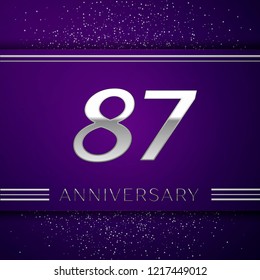 Realistic Eighty seven Years Anniversary Celebration design banner. Silver number and confetti on purple background. Colorful Vector template elements for your birthday party