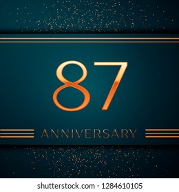 Realistic Eighty seven Years Anniversary Celebration design banner. Golden number and confetti on green background. Colorful Vector template elements for your birthday party