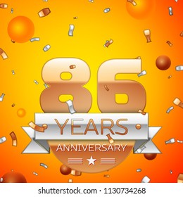 Realistic Eighty six Years Anniversary Celebration design banner. Gold numbers and silver ribbon, balloons, confetti on orange background. Colorful Vector template elements for your birthday party