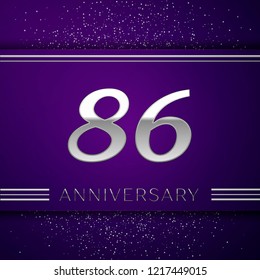 Realistic Eighty six Years Anniversary Celebration design banner. Silver number and confetti on purple background. Colorful Vector template elements for your birthday party