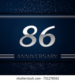 Realistic Eighty six Years Anniversary Celebration Logotype. Silver numbers and silver confetti on blue background. Colorful Vector template elements for your birthday party