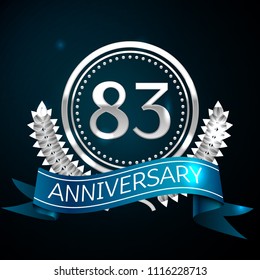 Realistic Eighty three Years Anniversary Celebration Design with Silver Ring and Laurel Wreath, blue ribbon on blue background. Colorful Vector template elements for your birthday celebrating party