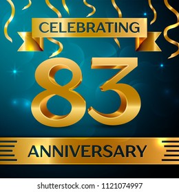 Realistic Eighty three Years Anniversary Celebration Design. Golden confetti and gold ribbon on blue background. Colorful Vector template elements for your birthday party