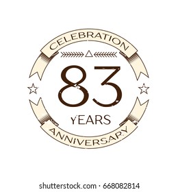 Realistic eighty three years anniversary celebration logo with ring and ribbon on white background. Vector template for your design