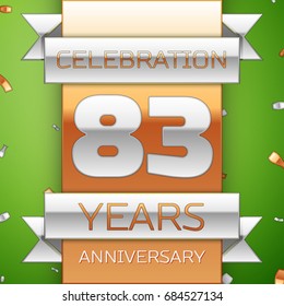 Realistic Eighty three Years Anniversary Celebration Design. Silver and golden ribbon, confetti on green background. Colorful Vector template elements for your birthday party. Anniversary ribbon