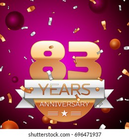 Realistic Eighty three Years Anniversary Celebration Design. Golden numbers and silver ribbon, confetti on purple background. Colorful Vector template elements for your birthday party