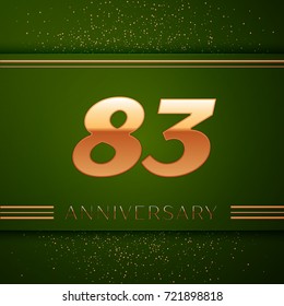 Realistic Eighty three Years Anniversary Celebration Logotype. Golden numbers and golden confetti on green background. Colorful Vector template elements for your birthday party