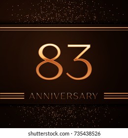 Realistic Eighty three Years Anniversary Celebration Logotype. Golden numbers and golden confetti on brown background. Colorful Vector template elements for your birthday party