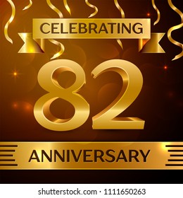 Realistic Eighty two Years Anniversary Celebration Design. Golden confetti and gold ribbon on brown background. Colorful Vector template elements for your birthday party