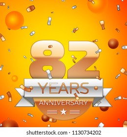 Realistic Eighty two Years Anniversary Celebration design banner. Gold numbers and silver ribbon, balloons, confetti on orange background. Colorful Vector template elements for your birthday party