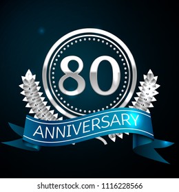 Realistic Eighty Years Anniversary Celebration Design with Silver Ring and Laurel Wreath, blue ribbon on blue background. Colorful Vector template elements for your birthday celebrating party