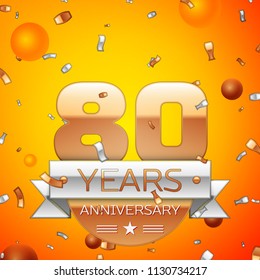 Realistic Eighty Years Anniversary Celebration design banner. Gold numbers and silver ribbon, balloons, confetti on orange background. Colorful Vector template elements for your birthday party